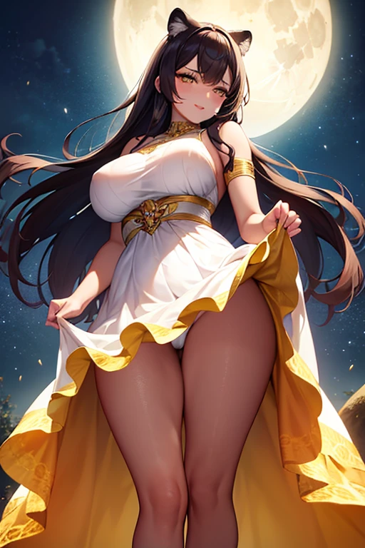 1womanl, brunette skin, a little overweight, breasts small, dazzling, with a dress that covers the body, leopard print, thin straps and reaches mid-thigh height!! look that conveys strength, full lips and slight smile, full moon background that fills the center of the image, the woman stands in front of the moon being illuminated by the moon, beautiful shine, beautiful contrast, light glow in direction from top to bottom in 45 degrees from left to right and another light glow from bottom to top in yellow color in 45 degrees. 