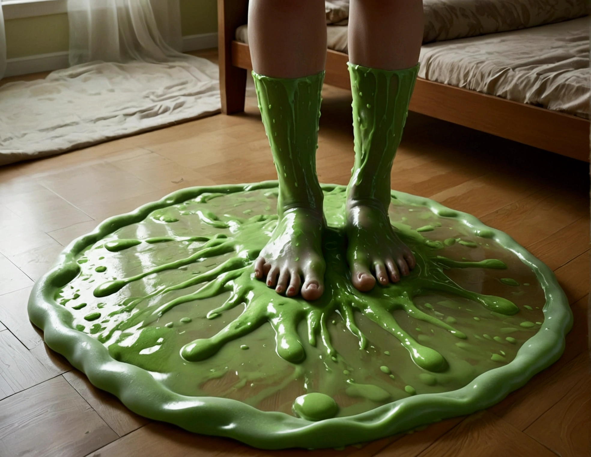 A slime girl (Christna Hendricks, age 25, translucent, made of green slime) has snuck onto a woman's bedroom and is trying on clothes. Slime foot prints
