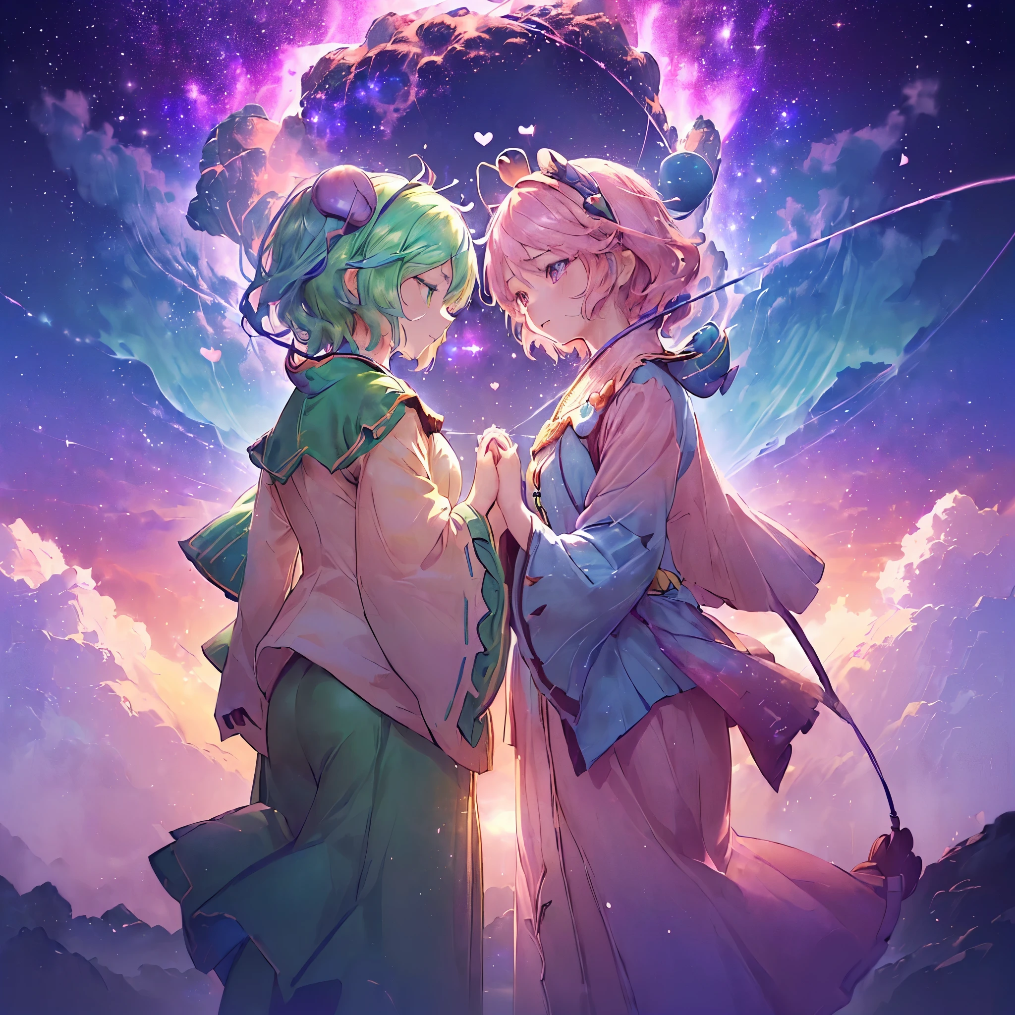 ((((((East、Komeiji Sisters)))))) (((((Put your hands together、Two people facing each other、close Third Eye Galaxy Background、Shine))))) ((((Fantasy Lots of hearts、Pink and green Swaying in the Wind)))) (((Lonely、despair))) ((tears)) (Distorted Space-Time Big full moon) Shine背景 Particles of light, Shineエッジ