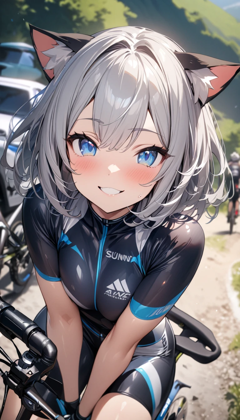 silver bob、 1 girl, (((best quality)), ((masterpiece)), (details), masterpiece, best quality, high quality, super detailed, perfect face, ((1 girl, Blue eyes, Cat ears: 1.3 silver bob: 2.5,)),Shiny Hair、Shiny skin、smile、Alluring expression、Outdoor、cycling、Ride a mountain bike、Mountain trail、sunny、Side Angle