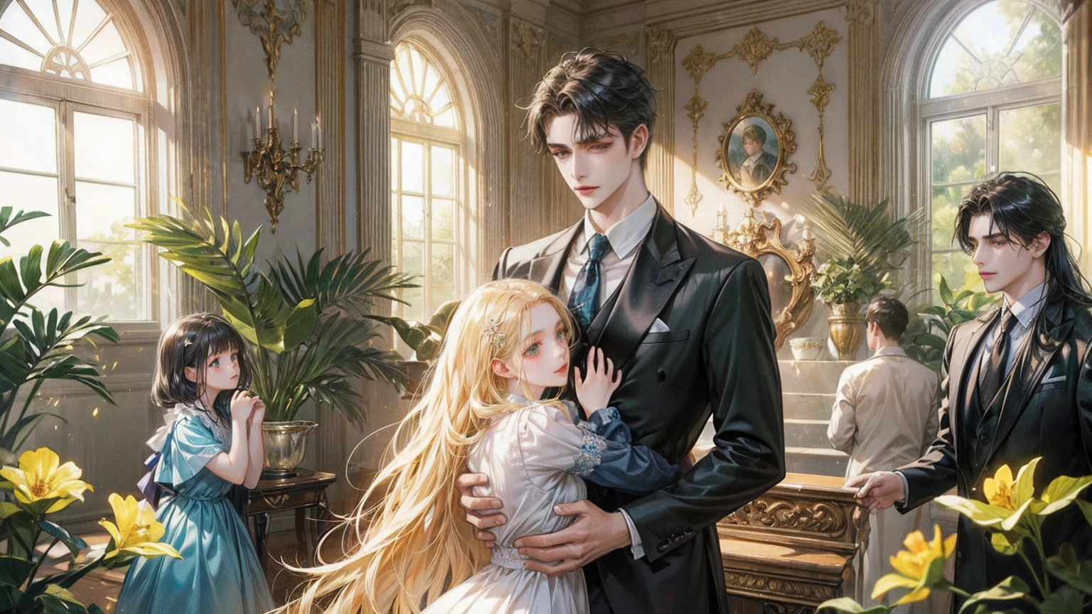 A heartwarming scene in a modern, elegant mansion in Pula, Croatia. A young father in his 30s, dressed in a business suit, has just returned home from work. He lovingly and warmly embraces his playful and innocent twin children, a boy and a girl, lifting them up in a tight hug. The children, full of joy and innocence, cling to him with bright smiles. The setting is bathed in the golden light of a clear summer evening. Sunlight streams through large windows, illuminating the spacious living room and the view of a beautifully landscaped garden and the sparkling Adriatic Sea beyond. The father, secretly imagined as Constantine I, conveys deep love and forgiveness to his children, who are subtly represented as Crispus and Fausta. There is a profound sense of reconciliation, healing, and renewed bonds, symbolized by subtle hints of ancient Roman elements in the home's decor. The scene exudes warmth, peace, and a sense of restored relationships. 、divine atmosphere、A paradise of greenery and flowers、heaven、Blessings and Blessings、Beautiful fece、brilliance、ultra-quality、Ultra-high resolution、ultra-definition、Super beautiful、masterpiece、