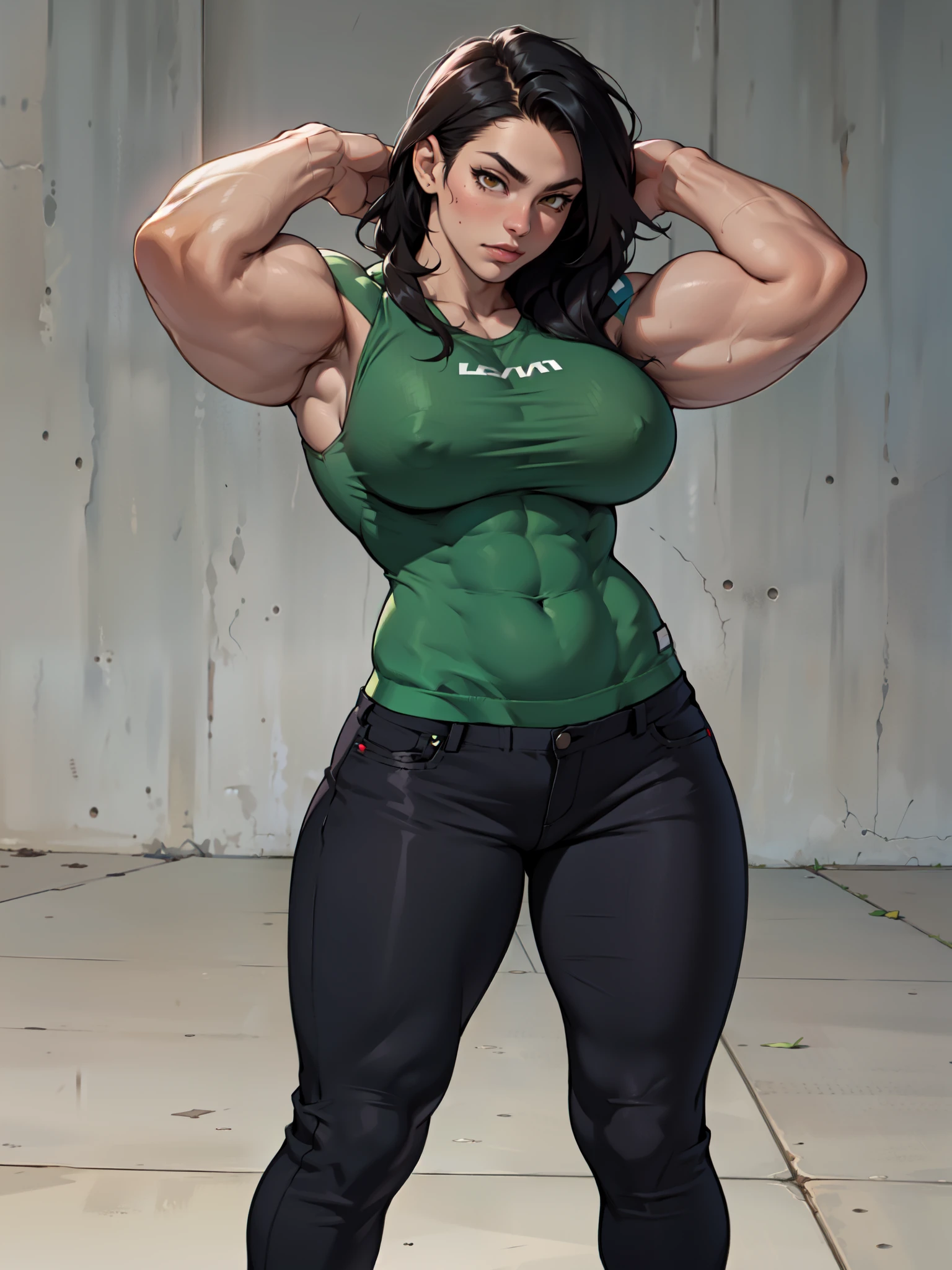 female pale skin 1girl muscular toned body huge breasts thick thighs black hair yellow eyes bodybuilder (tight shirt and pants full body long hair huge breasts)