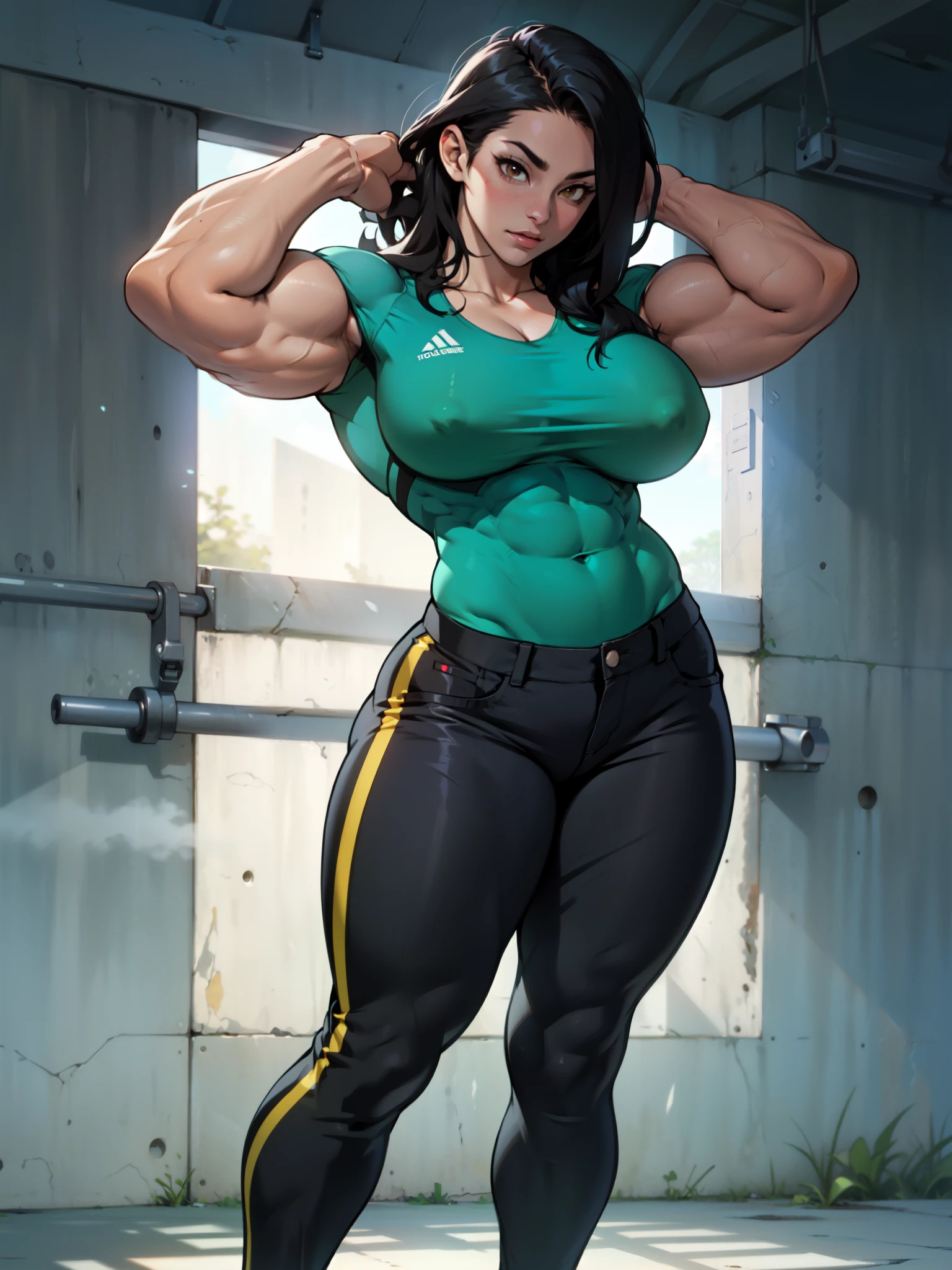female pale skin 1girl muscular toned body huge breasts thick thighs black hair yellow eyes bodybuilder (tight shirt and pants full body long hair huge breasts)