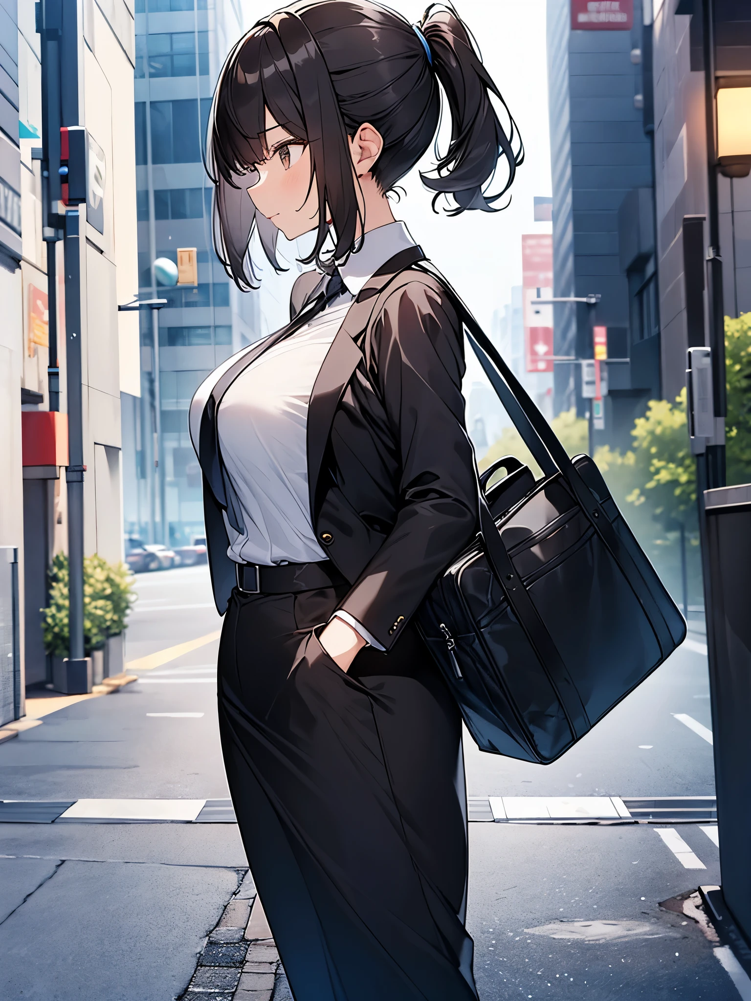 Composition seen from the side Profile Looking away:3.6　Light in the eyes woman　Walking through the business district　Cloudy　Full body view　Sweat　High ponytail:3.6　Social People　Black recruitment suit　White collared shirt　Three-quarter sleeves　Black Skirt　Black short hair, straight hair, hair tie　Sweep your bangs to the side:2.4. Slanted eyes, brown eyes, tall, strong-willed, beautiful　tits　Business bag