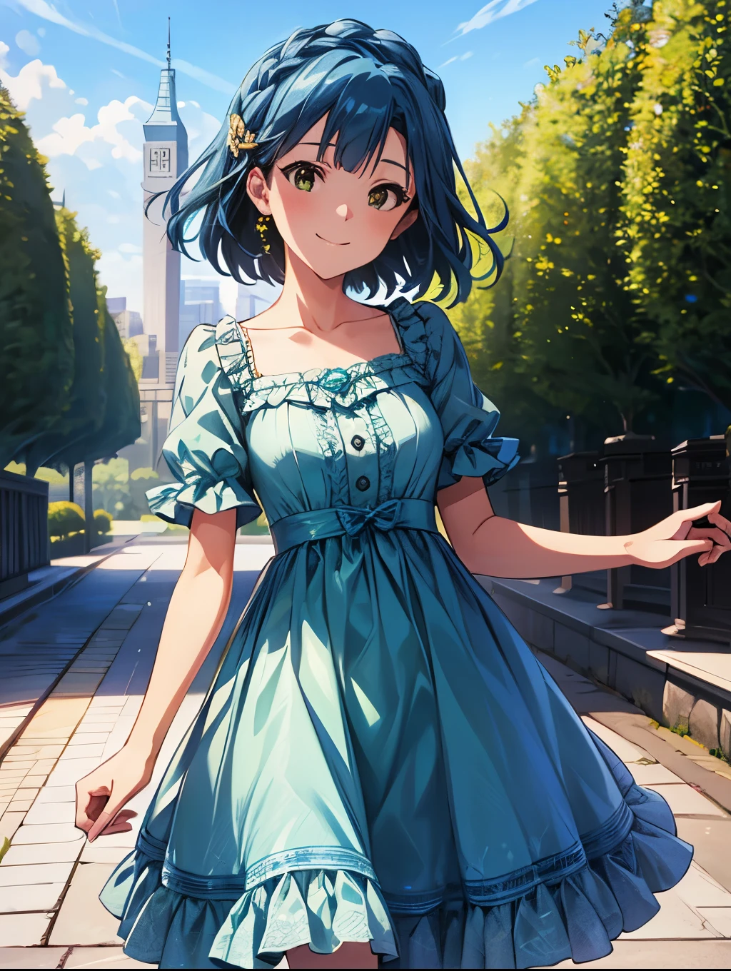 yuriko nanao (million live), 1 girl, Solo, Best Quality, masterpiece, 8K, High resolution, Ultra-detailed, madeon, smile, bright green and aqua blue dress, sundress, frilled dress, lacy dress, hair accessories, outdoor,