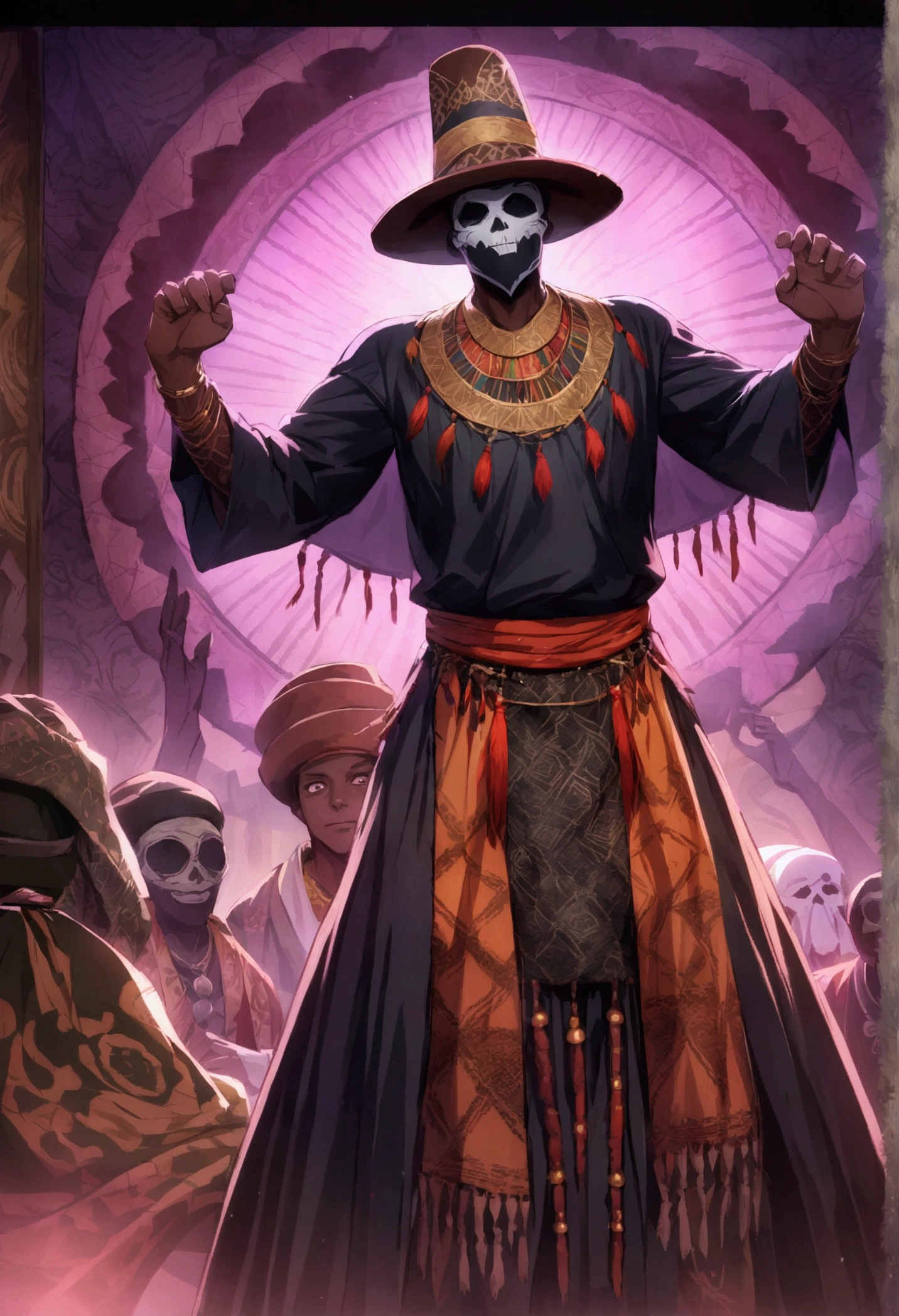 (((BARON SAMEDI))) best quality, ultra-high resolution, 4K detailed CG, master piece,man, African clothing, Voodoo mythology, ((standing pose)), African aesthetic, Centered screen