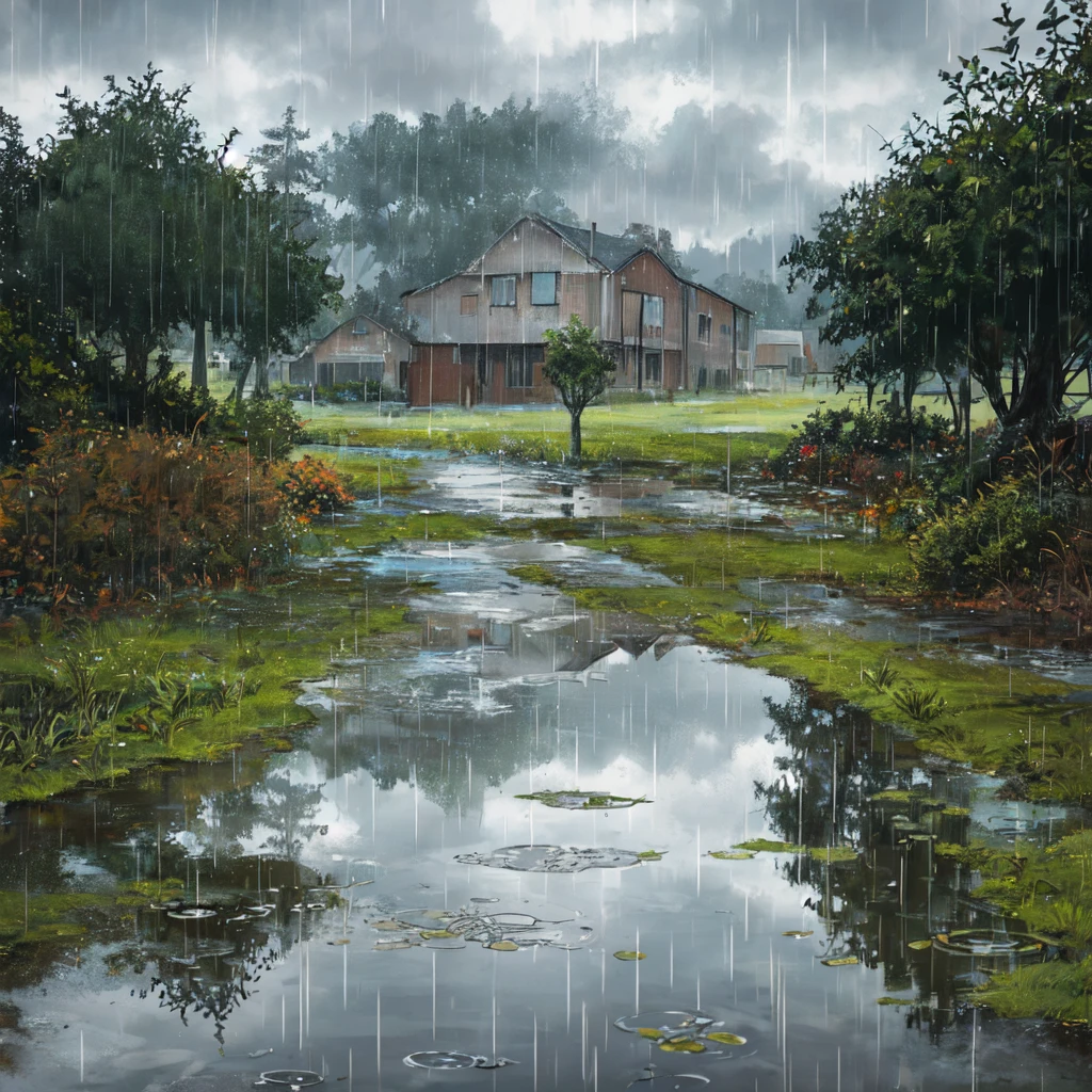 Concept Art, No humans, Puddle, rural, rain, cloudy,