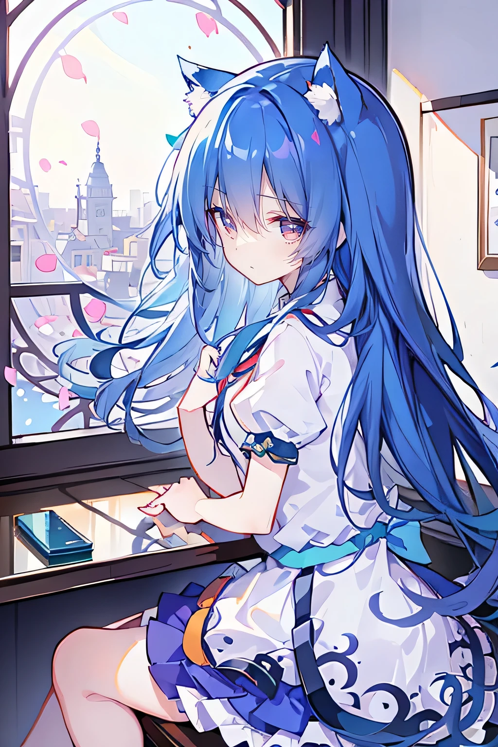 (masterpiece:1.2),Super detailed,lifelike,Expressive eyes,fair skin,perfect face shape,1 girl,
Japanese comics,Gorgeous blue hair,flowing blue hair,flowing clothes,Cat ears,Petals fall,beautiful lola,Baby Angel,
Shaking head with one hand,Cross your legs,,The pavilion is cool and comfortable,smile,back views,sunrise,Petals fall,sitting on window sill drinking coffee and looking out the window,sitting on window sill drinking coffee and looking out the window