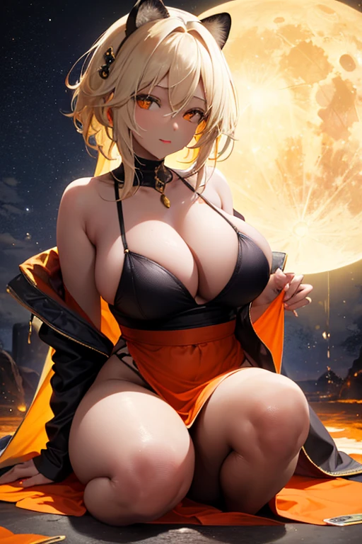 1womanl, brunette skin, a little overweight, breasts small, dazzling, with a dress that covers the body, leopard print, thin straps and reaches mid-thigh height!! look that conveys strength, full lips and slight smile, full moon background that fills the center of the image, the woman stands in front of the moon being illuminated by the moon, beautiful shine, beautiful contrast, light glow in direction from top to bottom in 45 degrees from left to right and another light glow from bottom to top in yellow color in 45 degrees. 