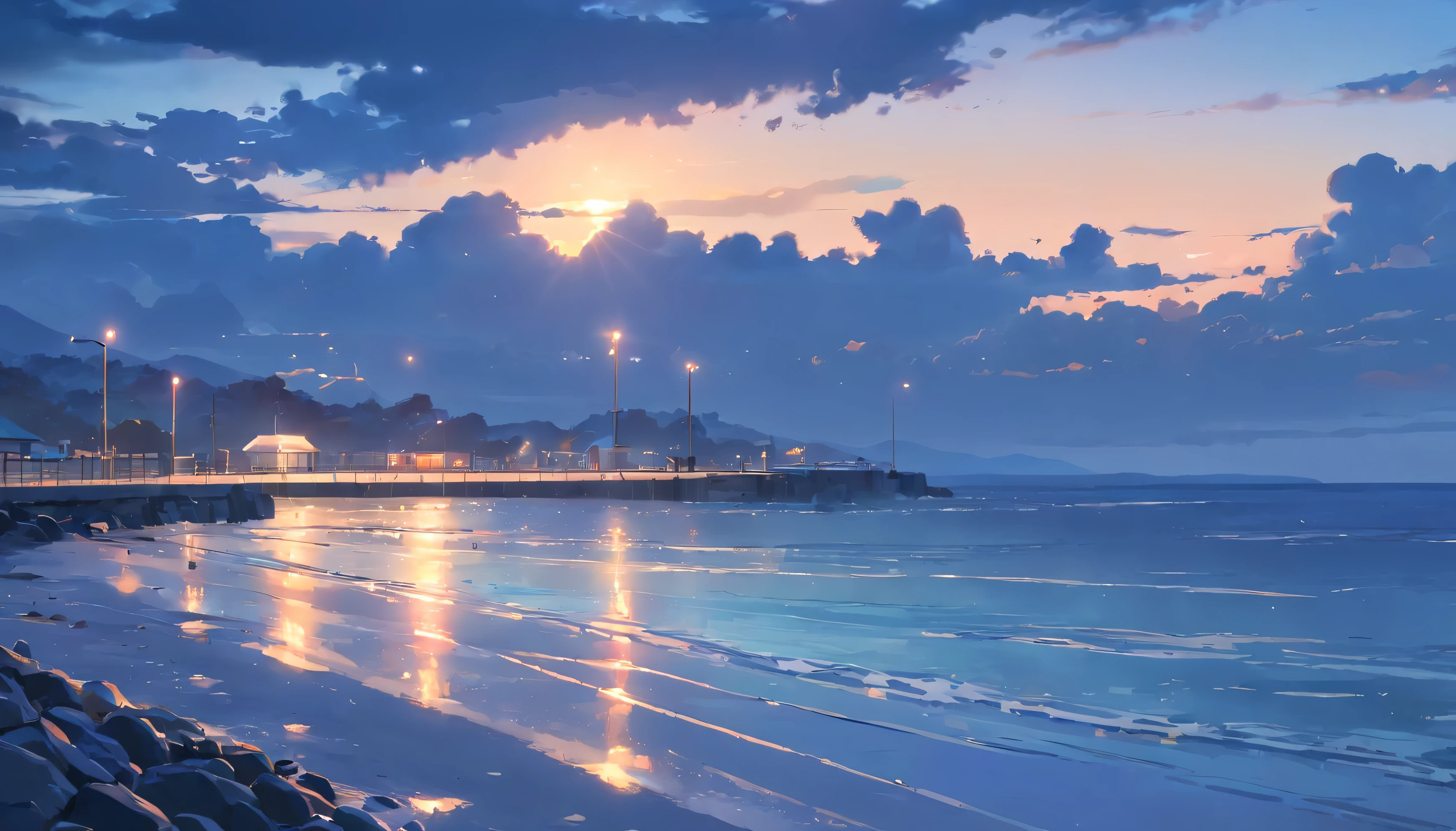 masterpiece、Top quality、Movie Stills、Large target The South Winters background night Calm sea Breakwater at the seaside ((grey Turbidity cloud Short-lived turbid))