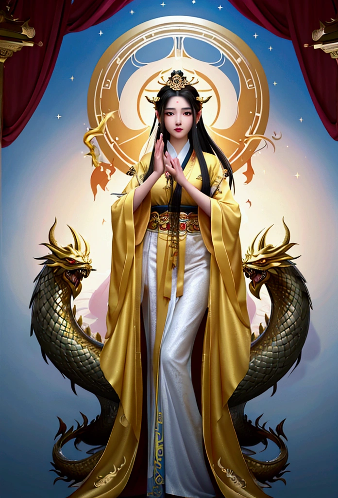 a painting of a woman in a yellow robe and a dragon, guanyin of the southern seas, guanyin, ancient chinese goddess, bodhisattva, white haired deity, goddess of wisdom, goddess of love and peace, queen of the sea mu yanling, contented female bodhisattva, patron saint of 🛸🌈👩🏾