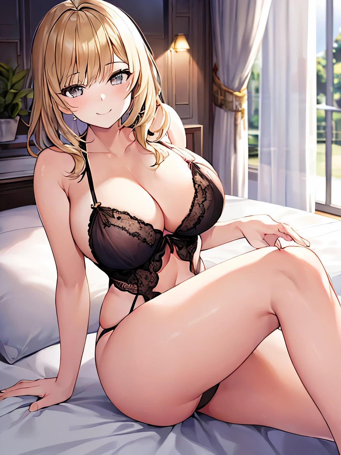 (masterpiece, Highest quality),one girl, natural lighting, glamorous body, beautiful tits, plum thighs ,beautiful skin, on the bed,   Luxury lingerie++, (Perfect Face, clear gray Eyes, cute smile), (glassy hair,  gold color hair),beautiful legs++