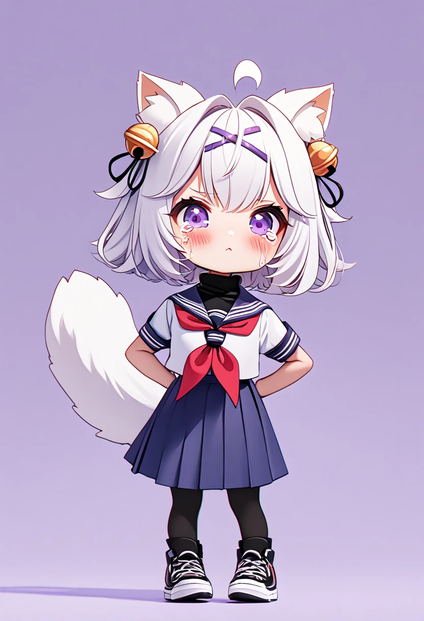master piece, best quality, ultra-detailed, illustration, 1girl, solo, chibi, (big head), cute pose, flying pose, front view, looking at viewer. Filiansailor, ((purple hairclip)), hair bell, white hair, short hair, cat ears, ahoge, purple eyes, blush, crying, fluffy tail, serafuku, black turtleneck, short sleeve, red neckerchief, blue skirt, black stockings, sneaker shoes, ((simple background)),