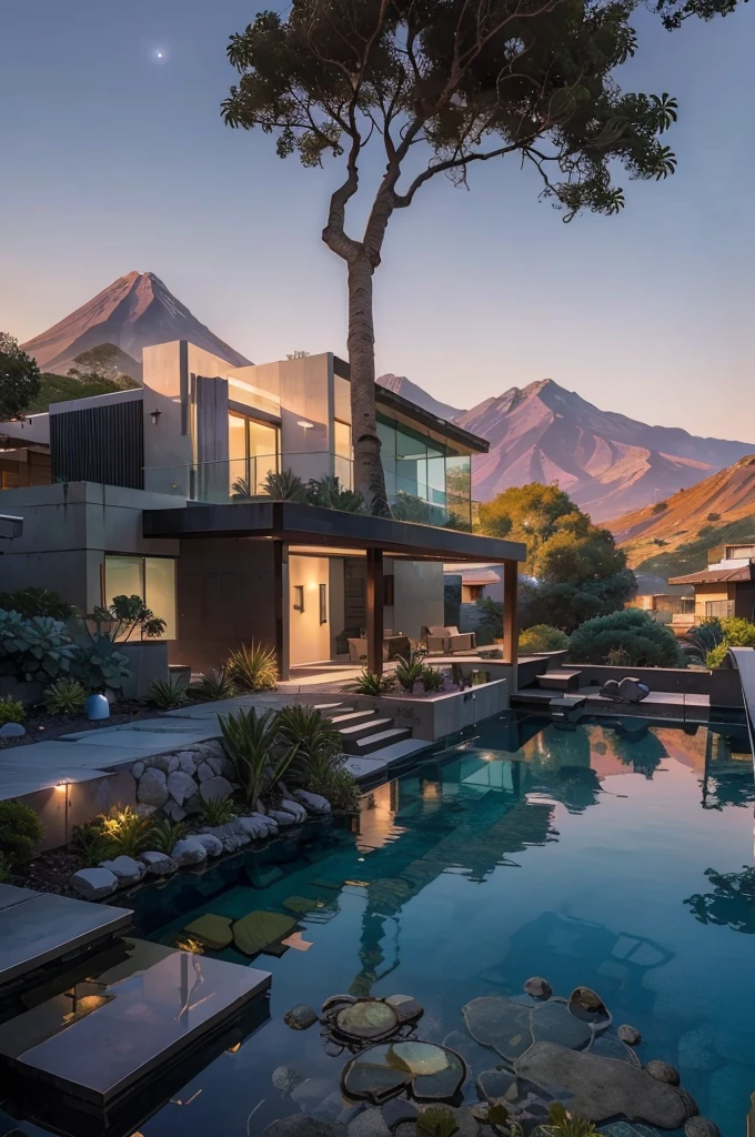 small and beautiful modern house in top of big boulders, terraces, pool, stairs, multiple cacti gardens, palms, trees, rocks, beautiful landscape design, mountains and volcano y background, amazing clouds, sun, moon, planets, milky way galaxy, concrete, wood, glass and steel materials, olive green, violet, orange and withe colors in facade