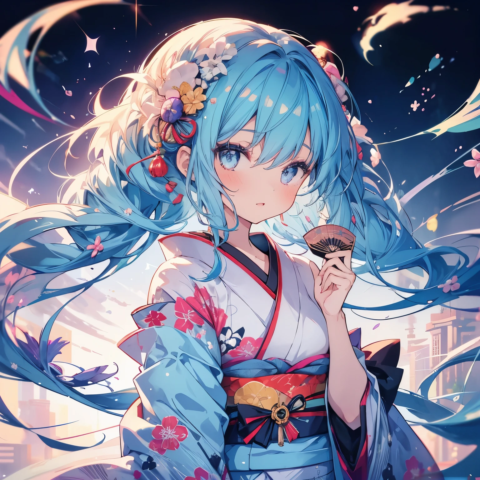 One Girl, Japanese, kimono, Hold a fan, good, Beautiful poop, delicate, cute, blue-haired, Narrow blue eyes, ((Head to waist)), masterpiece, highest quality, Ultra HD