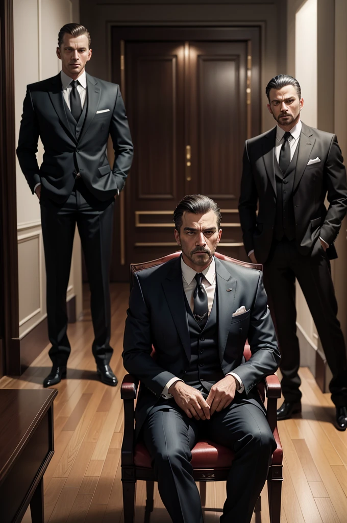 Two American Mafia men in suits，A man sitting on a chair with his legs crossed，Another one stood behind him，Centered on an American Mafia，The background is a mafia high-end room, Biographical films, Promotional image, High quality photos, Art work, Wim Wenders, [ drama ], 2022 , [ Movie, author：Emma Andijewska, High-quality screenshots, author：Dan Frazier, 4k static, netflix, High-quality stills, a24 ，High quality face，Clear facial features