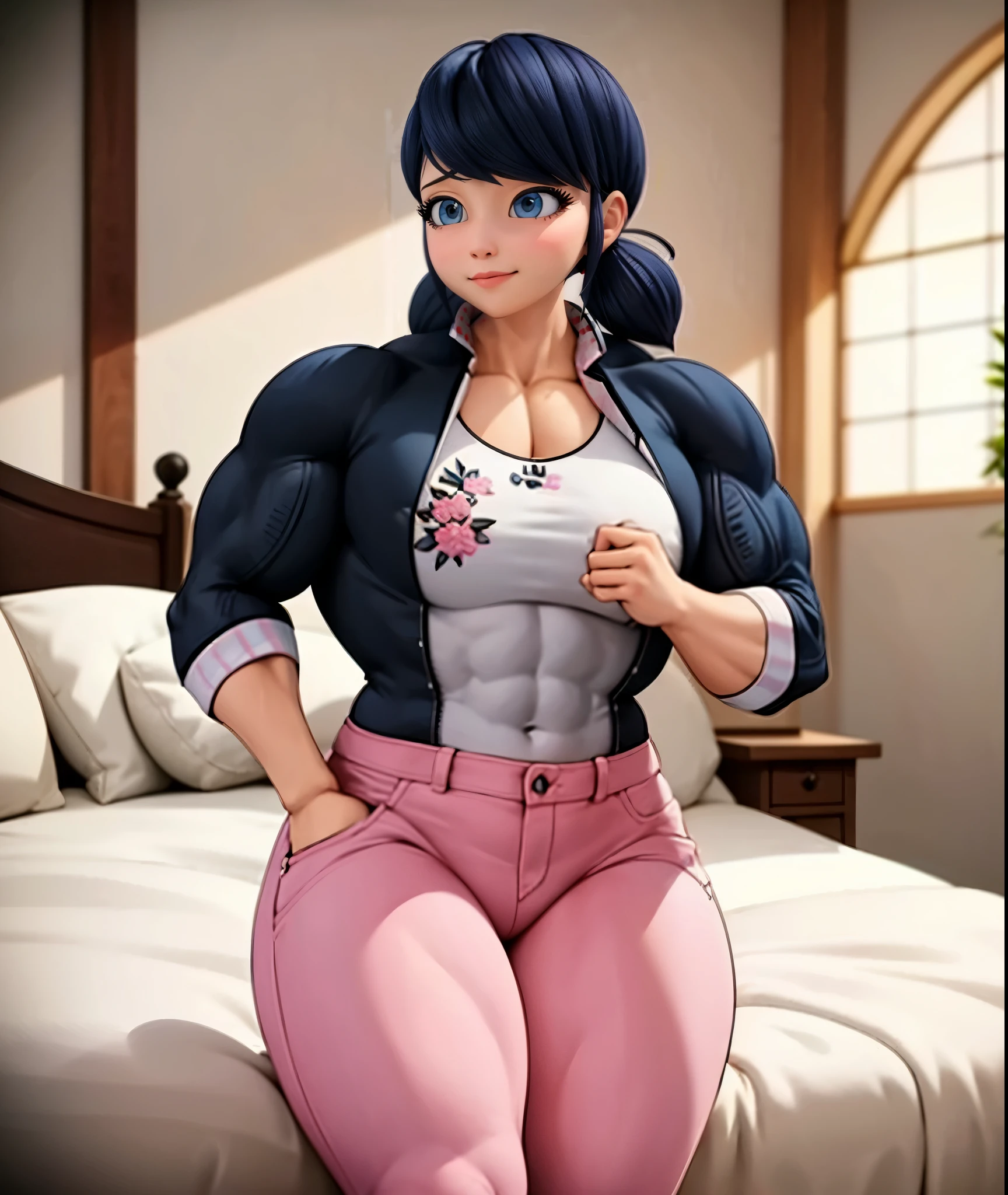 (big muscular female bodybuilder, beautiful detailed eyes, beautiful detailed lips:1.1,strong physique, two short pigtails, (smile), ( Marinette wears a white printed shirt ), black jacket, ((( dark pink jean's , plane jean's, without pattern))), and ballet flats.), lifting weight, muscular arms and legs:1.2, toned abs, powerful expression,sweating:1.1, bed background:0.9, intense focus:1.1, vibrant colors, dramatic lighting), rippling muscles,sturdy frame,dark tan,fit around the waist,(tight abs),strong arms and shoulders,intense expression,determined look,well-defined muscles and veins,straining muscles,artistic pose,steely gaze,side lighting,powerful presence,vivid colors,dynamic composition,studio lighting,physically-based rendering,athletic build,bodybuilding silhouette,professional,gritty texture,bokeh.