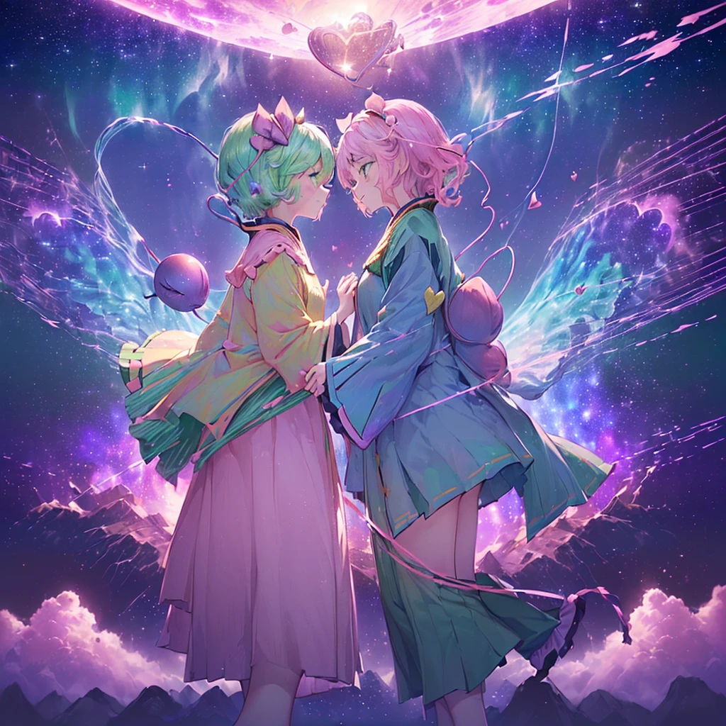 ((((((East、Komeiji Sisters)))))) (((((Put your hands together、Two people facing each other、close Third Eye Galaxy Background、Shine))))) ((((Fantasy Lots of hearts、Pink and green Swaying in the Wind)))) (((Lonely、despair))) ((tears)) (Distorted Space-Time Big full moon) Shine背景 Particles of light, Shineエッジ