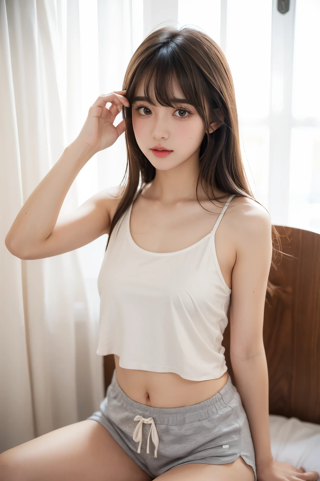 Girl with messy shoulder length hair, shorts pajamas and tight tank top, with cute bangs, e-girl makeup, big and tender brown eyes, Copa B, and a little chubby and short 