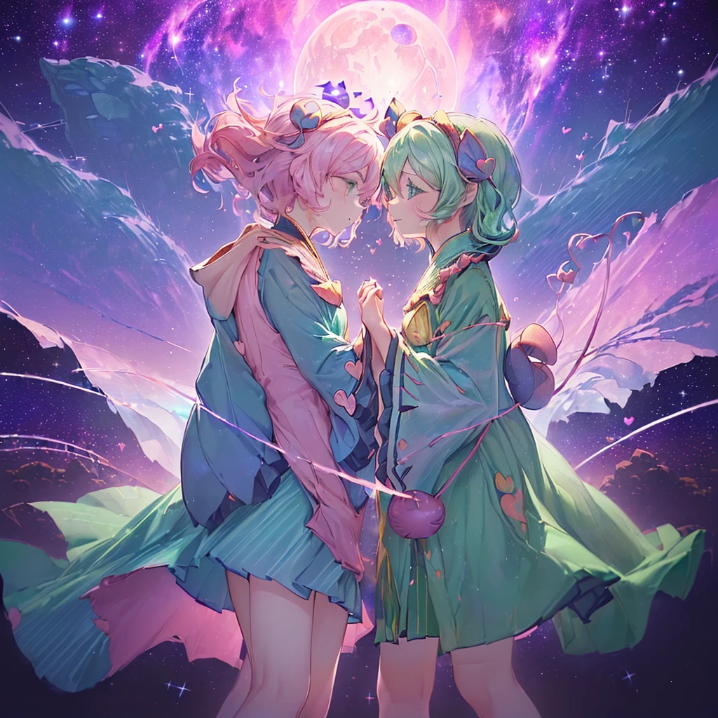 ((((((East、Komeiji Sisters)))))) (((((Put your hands together、Two people facing each other、close Third Eye Galaxy Background、Shine))))) ((((Fantasy Lots of hearts、Pink and green Swaying in the Wind)))) (((Lonely、despair))) ((tears)) (Distorted Space-Time Big full moon) Shine背景 Particles of light, Shineエッジ