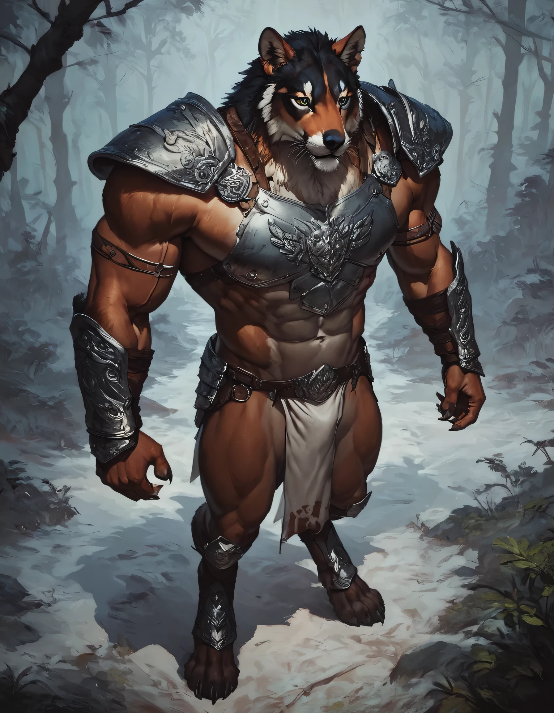 score_9, score_8_above, score_7_above, score_6_above,(alone), paint wolves den, Proud and serious expression, loincloth, muscular, standing, armor, digitigrade, guerrero, forest, by the width, conceptual art, dark environment, top-less