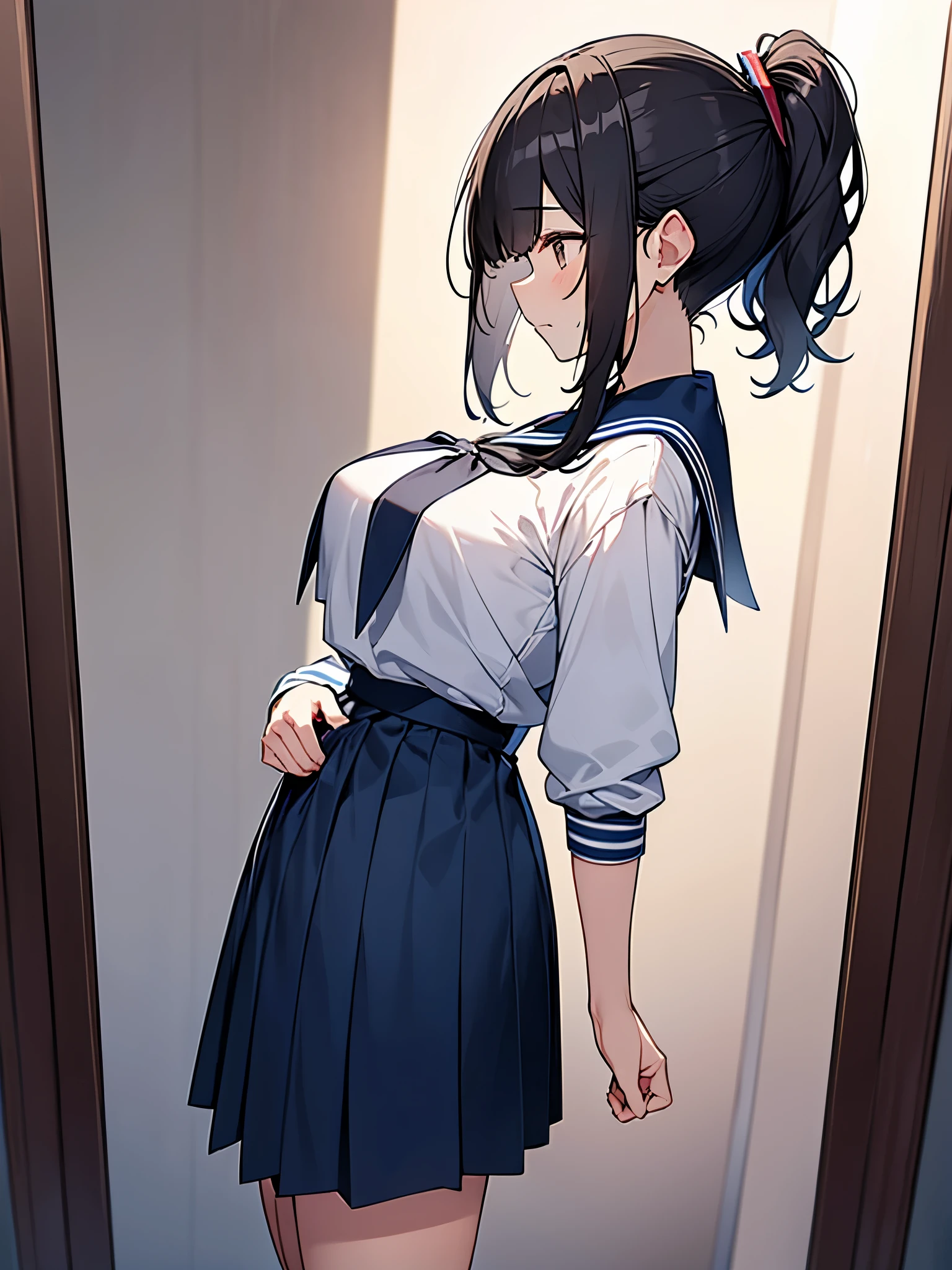 Composition seen from the side Profile Looking away:3.6 Light in the eyes woman Apartment room Full body view Sweat High ponytail:3.6 Working adult, white summer sailor uniform, dark blue collar, dark blue ribbon, dark blue skirt, short black hair, straight hair, hair tie Sweep your bangs to the side:2.4. Slanted eyes, brown eyes, tall, strong-willed, beautiful Tall and slender with large breasts