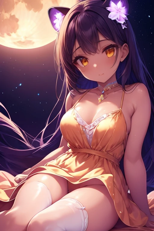 1womanl, brunette skin, a little overweight, breasts small, dazzling, with a dress that covers the body, leopard print, thin straps and reaches mid-thigh height!! look that conveys strength, full lips and slight smile, full moon background that fills the center of the image, the woman stands in front of the moon being illuminated by the moon, beautiful shine, beautiful contrast, light glow in direction from top to bottom in 45 degrees from left to right and another light glow from bottom to top in yellow color in 45 degrees. 