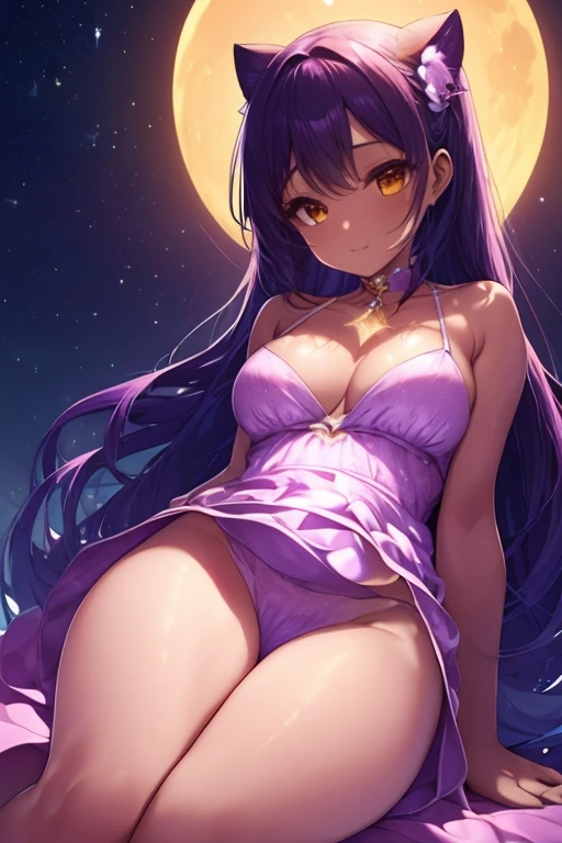 1womanl, brunette skin, a little overweight, breasts small, dazzling, with a dress that covers the body, leopard print, thin straps and reaches mid-thigh height!! look that conveys strength, full lips and slight smile, full moon background that fills the center of the image, the woman stands in front of the moon being illuminated by the moon, beautiful shine, beautiful contrast, light glow in direction from top to bottom in 45 degrees from left to right and another light glow from bottom to top in yellow color in 45 degrees. 