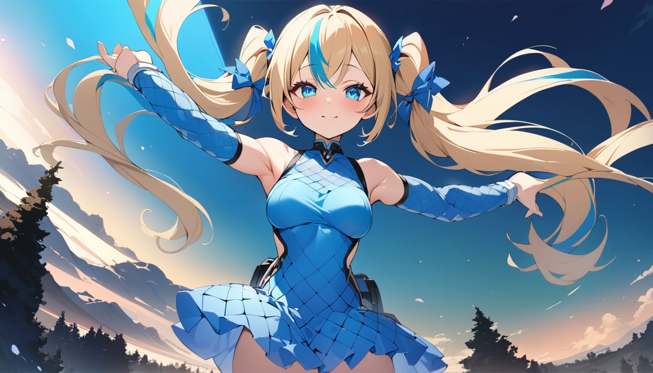 Are standing,(Highest quality、Highest Resolution、masterpiece,Highest quality、Very detailedな,Anatomically correct、Perfect Face、Perfect Fingers、Perfect Arms:1.5), wallpaper, Very detailed, incredibly beautiful sky, (blonde,Two-tone hair,Blue inner color hair,Blue mesh hair、Twin tails:1.8),Detailed eyes、 Very detailed and beautiful eyes , Hair blowing in the wind、Small Head、(Panorama:1.5),A heart is drawn in the eye,One of the best beautiful girls,One cute girl,smile,Large Breasts,White and light blue ruffle dress,Gal,She has blue hairpins in her hair,Many cherry blossoms are falling,Warm spring sunlight、There are cherry blossom trees in the background