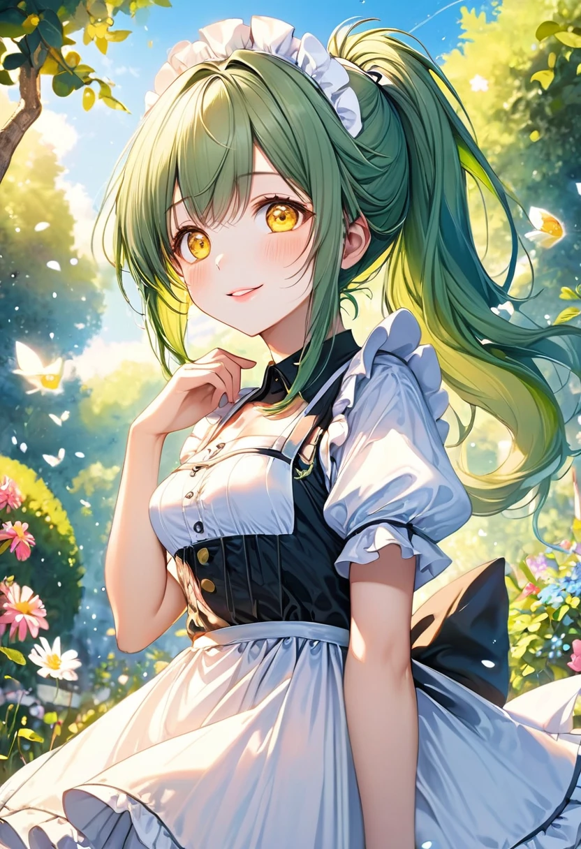 (beautiful Pastel color art style), (solo:2, 15 yo), (beautiful detailed ponytail) (beautiful detailed green hair, long hair) (best cute fighter girl, best cute yellow eyes, glossy lip, , looking up, best love smile:1.1, medium tits), in a immensely beautiful summer maid dress, break, in the beautiful enchanted garden, background beautiful summer sky, BREAK, perfect anatomy, masterpiece, best quality, beautiful detailed pastel color, daydreaming expression.