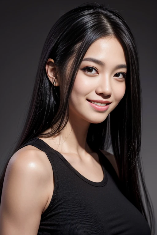 masterpiece, best quality, photorealistic, raw photo, 1girl, Black Long hair, Large breast, Black Muscle Shirt , light smile, detailed skin, pore, simple background, Upper-body, facing the viewer, close-up