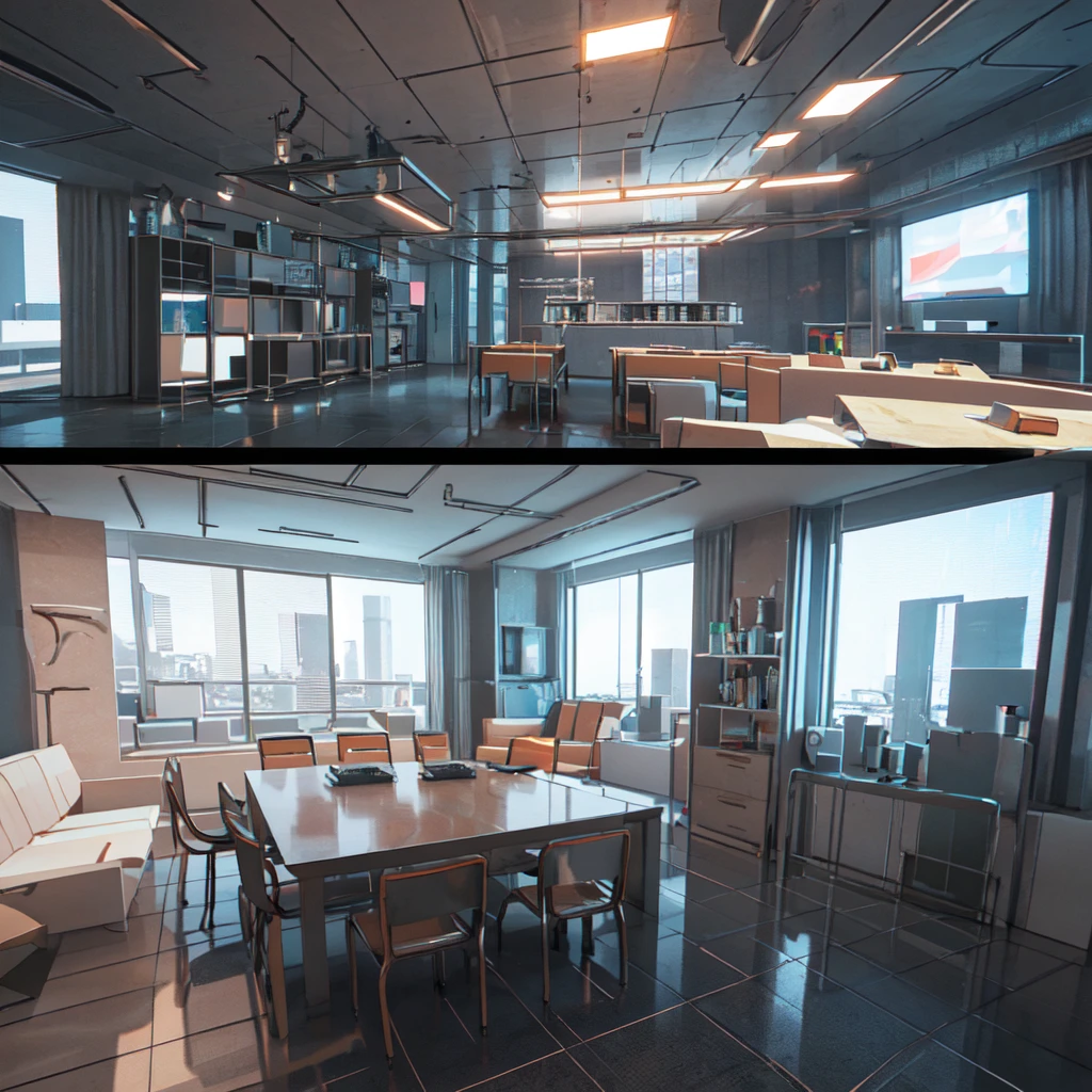 There is a table with a monitor and a chair in front of the window, Futuristic room background, retro Futuristic apartment, Futuristic room, Futuristic interior, Desktop Photography, Futuristic. Game CG, Futuristic decor, 3D ios room photos, CG Society 9, Gorgeous 3D rendering, Stunning 3D rendering, Stunning 3D rendering, Cyberpunk Apartment