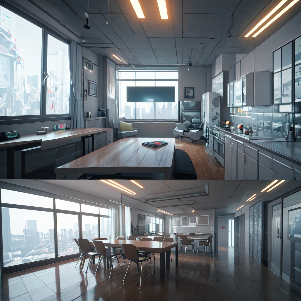 There is a table with a monitor and a chair in front of the window, Futuristic room background, retro Futuristic apartment, Futuristic room, Futuristic interior, Desktop Photography, Futuristic. Game CG, Futuristic decor, 3D ios room photos, CG Society 9, Gorgeous 3D rendering, Stunning 3D rendering, Stunning 3D rendering, Cyberpunk Apartment