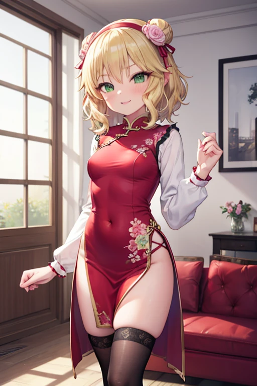 masterpiece,Highest quality, Very detailed,One girl(Sakurai Momoka, Nice small breasts, Wavy Hair,Blonde, Hair Bun, double Hair Buns, head band, Pink flowers in the hair,Green Eyes), Bright Face,  A light smile, Lips parted, nose blush, blush, In-person audience , View your viewers, Tilt your head, alone, Red Chinese Dress, Black lace knee socks, In the living room, Are standing, Seduce your sexy waist 