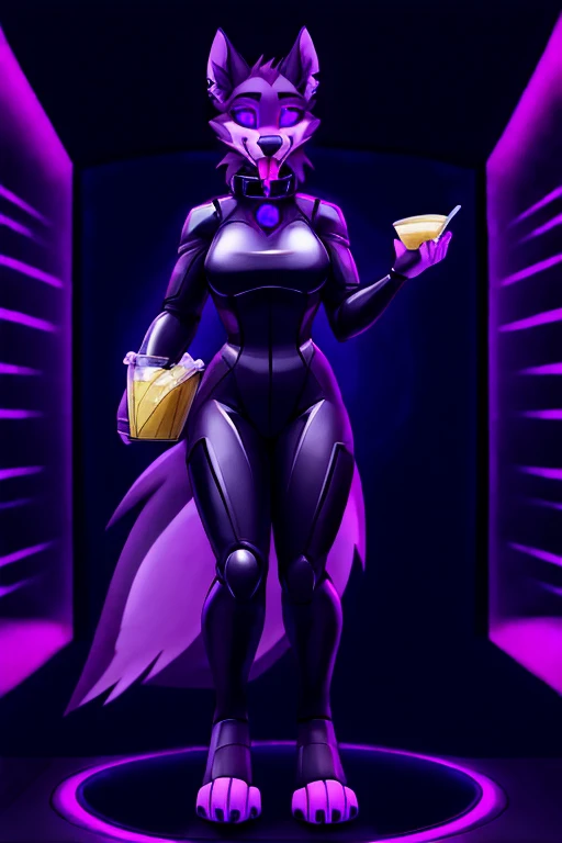 Vortex female hellhound standing, tongue out, using a gray latex suit, and a black techno collar, hypnotized with glowing purple eyes without iris or pupils, tongue out, full body image, carrying trays of lemonade and food, in futuristic room background