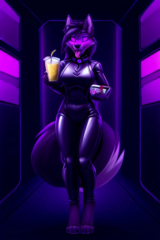 Vortex female hellhound standing, tongue out, using a gray latex suit, and a black techno collar, hypnotized with glowing purple eyes without iris or pupils, tongue out, full body image, carrying trays of lemonade and food, in futuristic room background