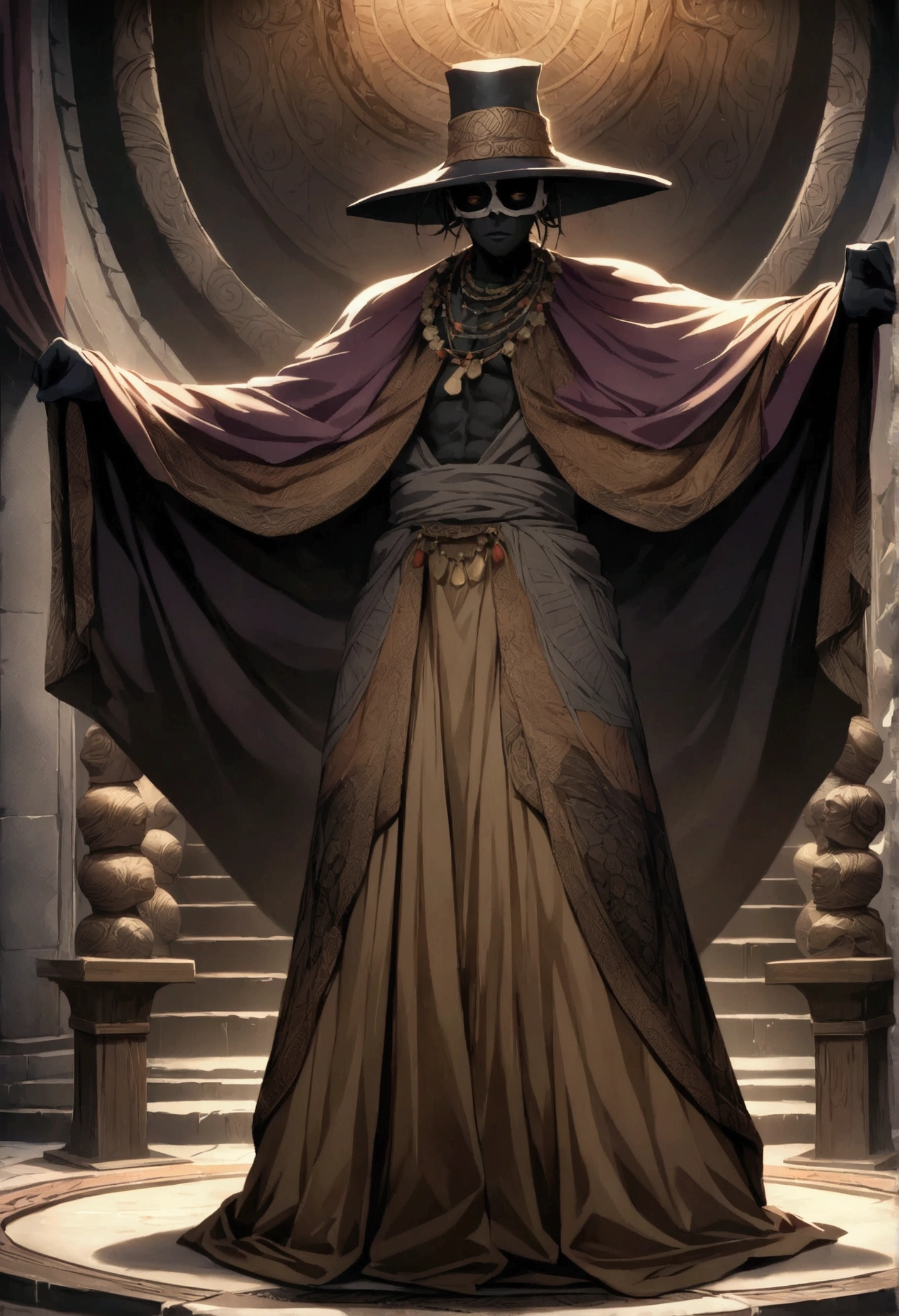 (((BARON SAMEDI))) best quality, ultra-high resolution, 4K detailed CG, master piece,man, African clothing, Voodoo mythology, ((standing pose)), African aesthetic, Centered screen