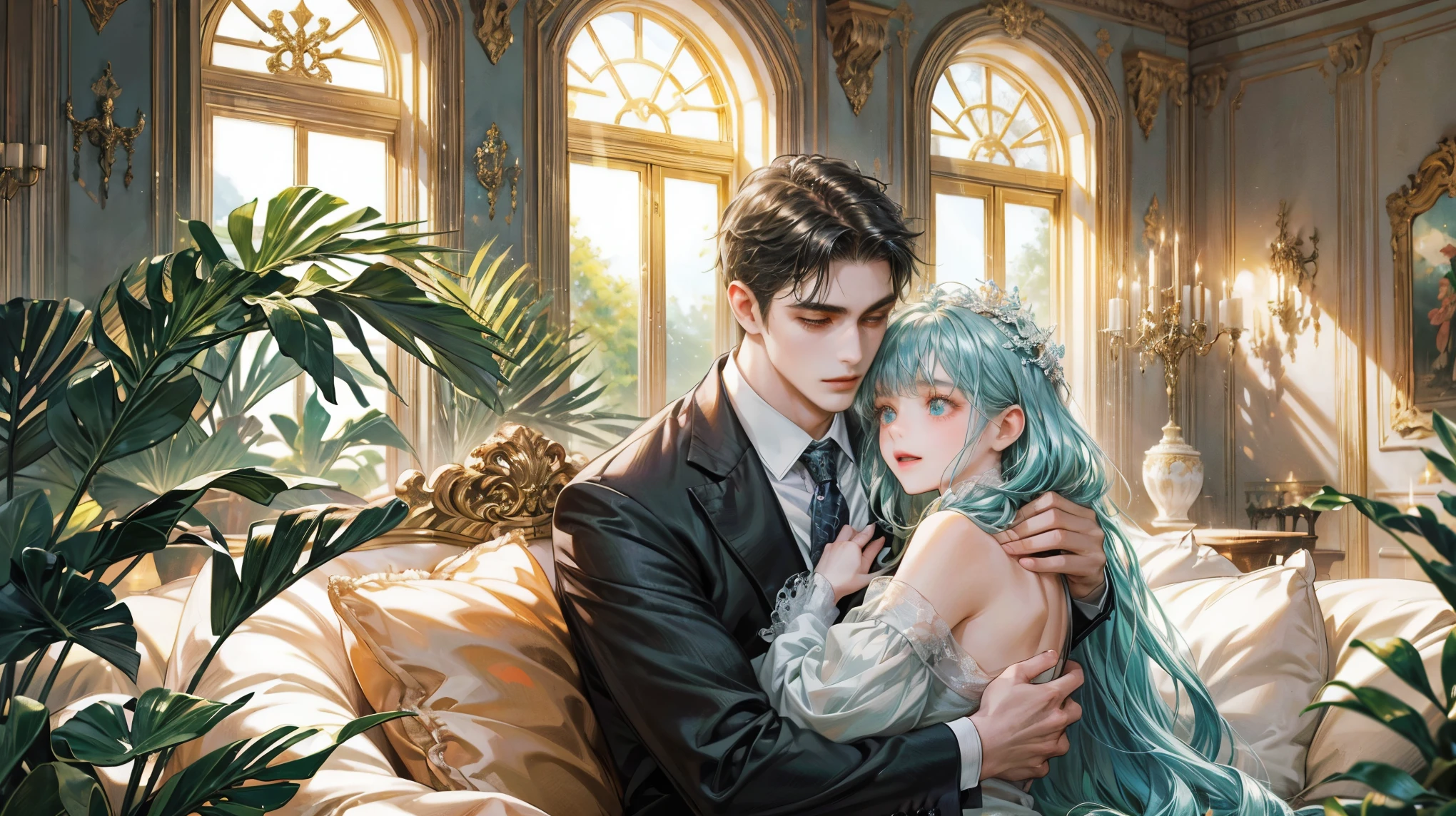 A heartwarming scene in a modern, elegant mansion in Pula, Croatia. A young father in his 30s, dressed in a business suit, has just returned home from work. He lovingly and warmly embraces his playful and innocent twin children, a boy and a girl, lifting them up in a tight hug. The children, full of joy and innocence, cling to him with bright smiles. The setting is bathed in the golden light of a clear summer evening. Sunlight streams through large windows, illuminating the spacious living room and the view of a beautifully landscaped garden and the sparkling Adriatic Sea beyond. The father, secretly imagined as Constantine I, conveys deep love and forgiveness to his children, who are subtly represented as Crispus and Fausta. There is a profound sense of reconciliation, healing, and renewed bonds, symbolized by subtle hints of ancient Roman elements in the home's decor. The scene exudes warmth, peace, and a sense of restored relationships. 、divine atmosphere、A paradise of greenery and flowers、heaven、Blessings and Blessings、Beautiful fece、brilliance、ultra-quality、Ultra-high resolution、ultra-definition、Super beautiful、masterpiece、