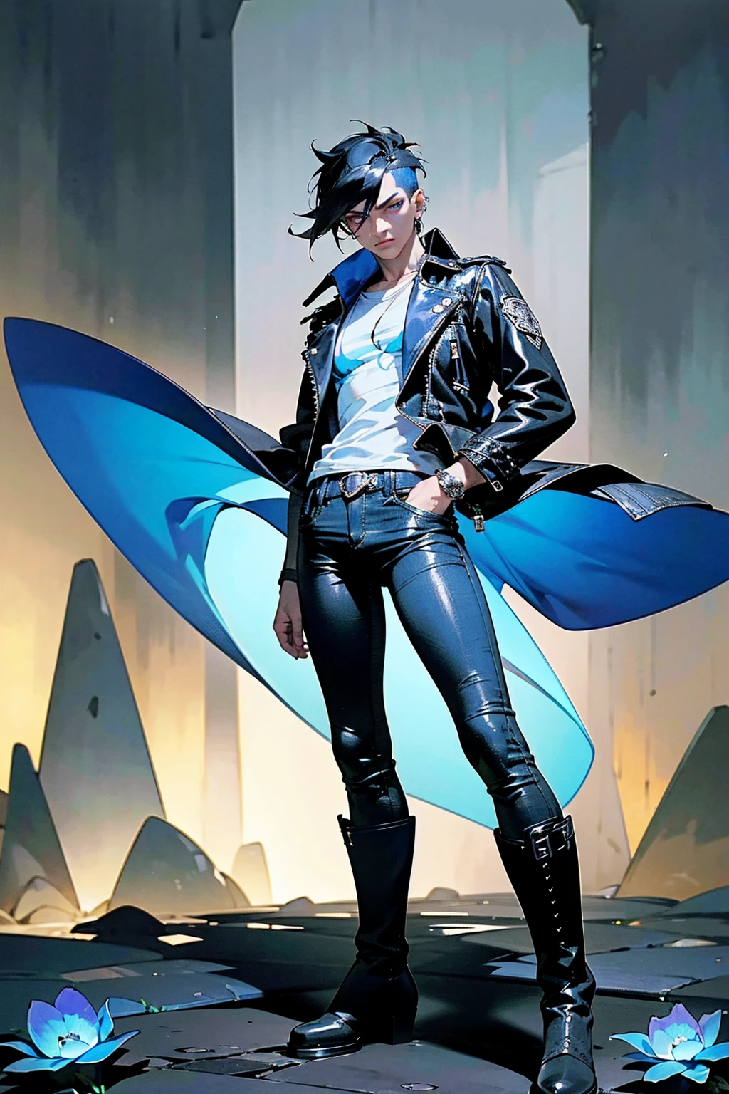 1 man, black hair, piercing silver eyes, wearing a black leather jacket, white t-shirt, blue jeans, black boots, standing on a cobblestone path with glowing blue flowers, lush forest background, (best quality,8k,highres,masterpiece:1.2),cinematic lighting,dramatic lighting,moody atmosphere,intricate details