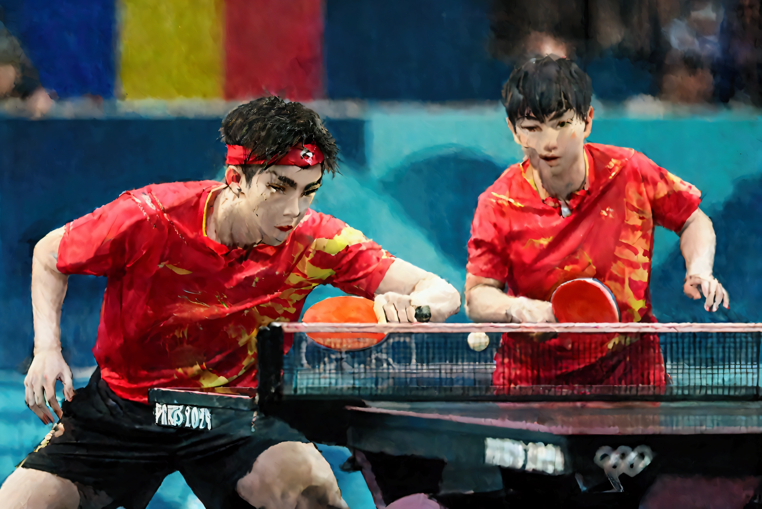 Two men on the court，Delicate face，Wearing red T-shirt sportswear，Black sports shorts，Hand holding table tennis racket,Olympic Games Photos，China