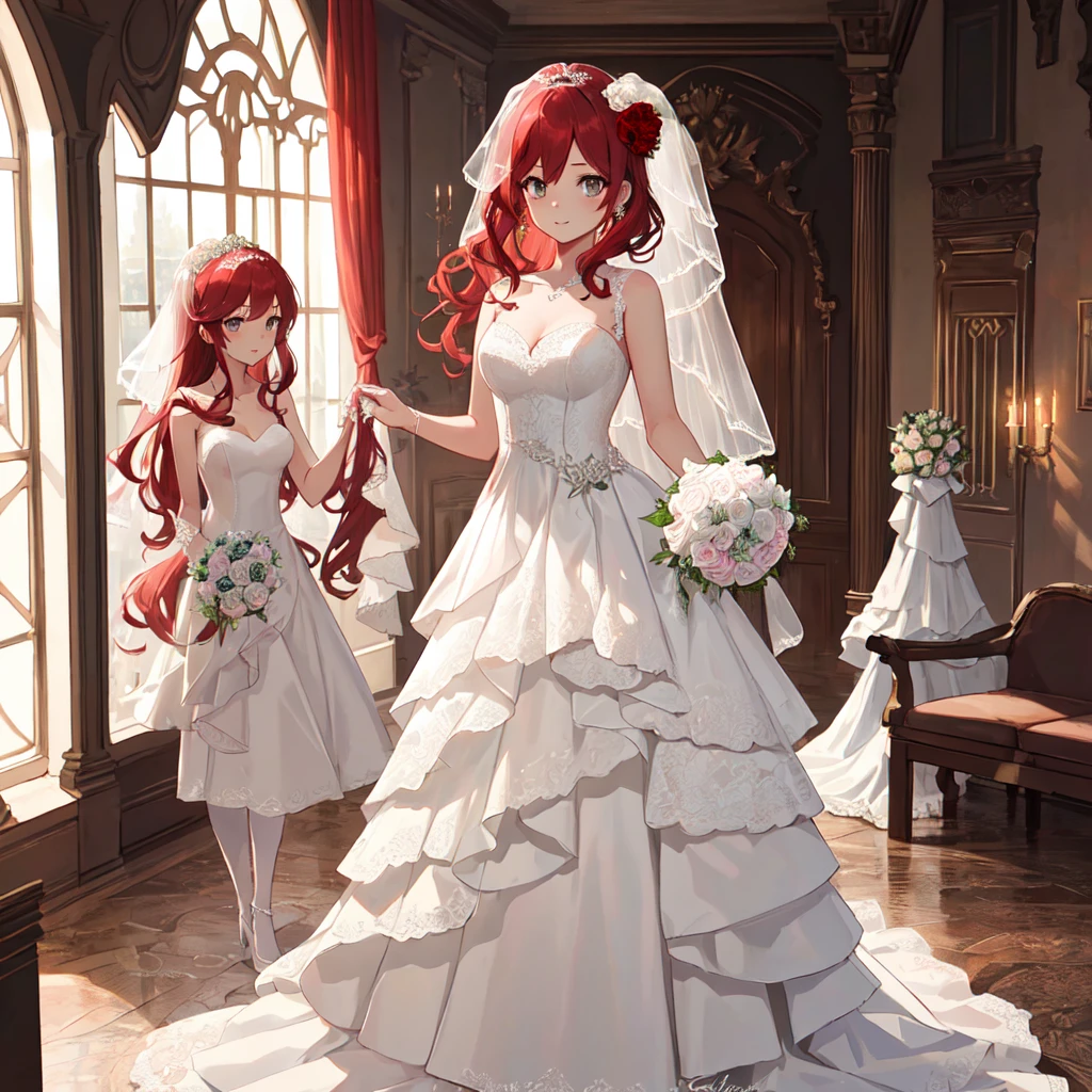 1 Girl, masterpiece, high resolution, Sonic edges_Lias_Grey Mory,Long red hair, ((Wedding dress, Room, bridal lingerie, Wedding theme))