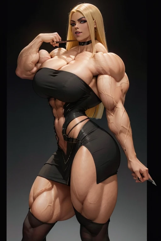 (Close-up), tall, (yellow hair), beautiful muscular Latino woman, long flowing hair, light brown skinned, closed smile, (black lipstick), (massive muscles), (hyper muscle), (ginormous bulky muscles), gray eyes, (((black off shoulder tight pencil dress))), ((pantyhose under skirt)), high heels, choker, (neon dance club)