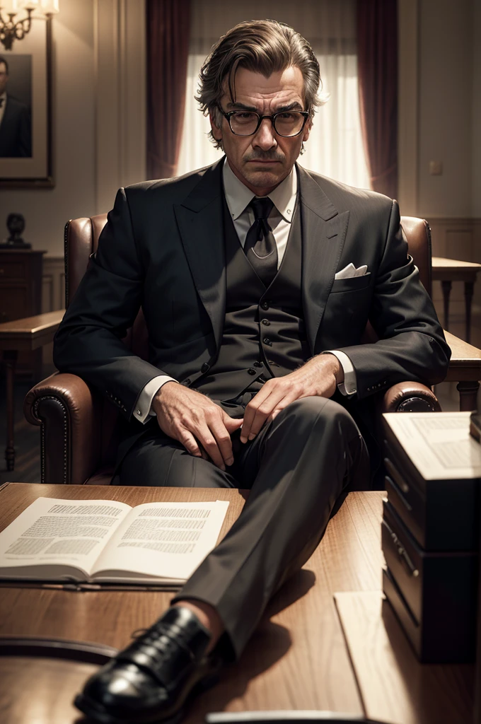 American mafia man in suit，A man sitting on a chair with his legs crossed，Another one stood behind him，Centered on an American Mafia，The background is a mafia high-end room, Biographical films, Promotional image, High quality photos, Art work, Wim Wenders, [ drama ], 2022 , [ Movie, author：Emma Andijewska, High-quality screenshots, author：Dan Frazier, 4k static, netflix, High-quality stills, a24 ，High quality face，Clear facial features