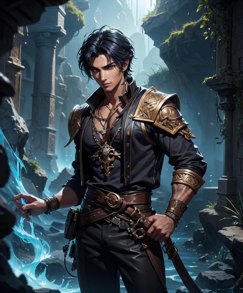  (((1boy))) (((Solo focus)))  Design a dashing and handsome corsair for a middle eastern fantasy setting.  Very sexy male character.  He looks exciting and handsome, with many attractive arabic features.  Looks like a fantasy character in a fantasy arabic setting.  He has attractive features of a middle eastern descent.  He seems like an exciting corsair in a swashbuckler setting.   gothic art, Dungeons & Dragons character portrait, intricate details, ultra detailed, ultra detailed clothes, ultra epic masterpiece, ultra detailed, intricate details, award winning, fantasy art concept masterpiece, trending on Artstation, digital art, unreal engine, 8k, ultra HD, centered image masterpiece:1.2, photorealistic:1.2, girl focus, volumetric lighting, glossy skin, shiny skin, 