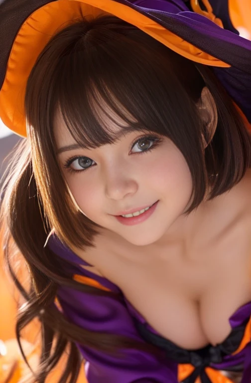((from below,vagina),a 20 years old girl, detailed cutie face, beautiful detailed eyes, detailed dropped eyes, beautiful charming smile, extremely detailed face,slender,short hair,anime style, halloween costume:2.0), Hires.fix,colorful lights, pumpkin decorations, haunted house, best quality, 4k, highres, masterpiece, realistic, photorealistic, photo-realistic, vivid colors, intricate details, fantasy, soft lighting, magical