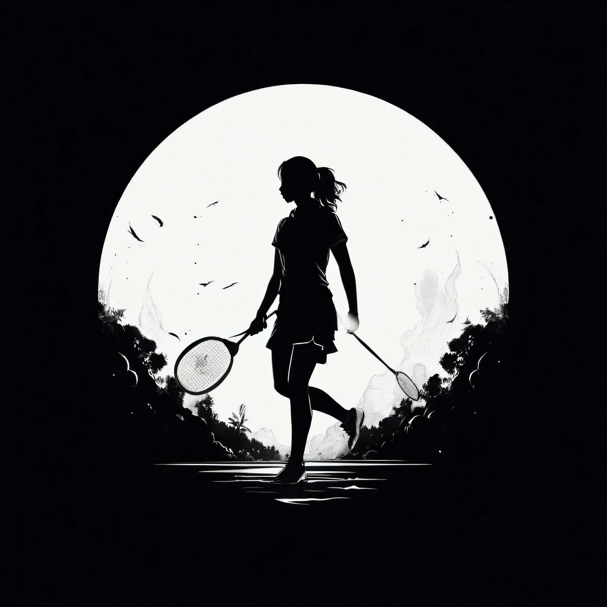 A woman walks on the court holding a badminton racket, a girl 打badminton, High contrast illustrationss, High contrast illustrations, Play badminton, Headquarters Artwork, badminton, Detailed outline, High-resolution artwork, concept illustration, Moonlight, official art works, Black and white vector art, A beautiful artistic illustration, author：Mirko Lucchi, Black silhouette