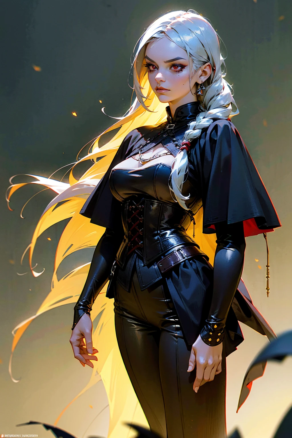 1 girl, silver hair, red eyes, long braided hair, dark green cloak, black corset, brown leather pants, tall boots, glowing red fireflies, ancient ruins background, (best quality,4k,8k,highres,masterpiece:1.2),ultra-detailed,detailed face,detailed eyes,detailed lips,detailed nose,extremely detailed, dramatic lighting, fantasy, cinematic, epic, moody