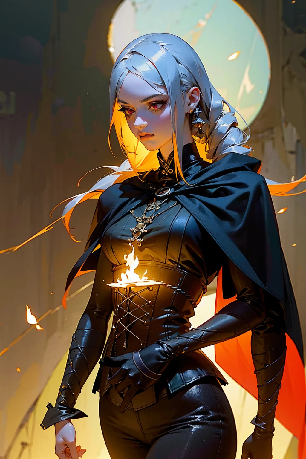 1 girl, silver hair, red eyes, long braided hair, dark green cloak, black corset, brown leather pants, tall boots, glowing red fireflies, ancient ruins background, (best quality,4k,8k,highres,masterpiece:1.2),ultra-detailed,detailed face,detailed eyes,detailed lips,detailed nose,extremely detailed, dramatic lighting, fantasy, cinematic, epic, moody