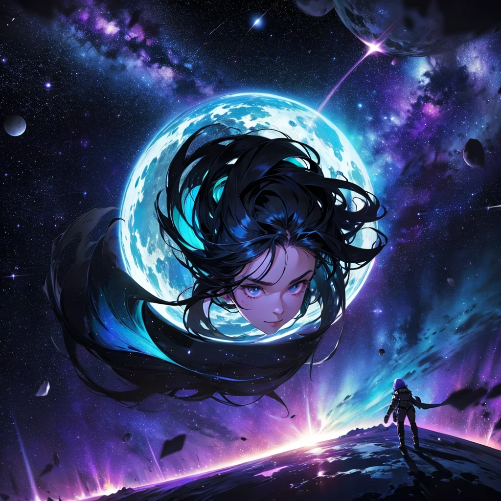 Space has beautiful stars and black holes, black, purple, blue, green.