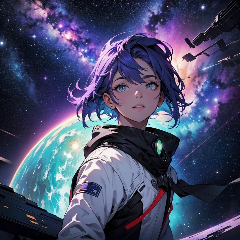 Space has beautiful stars and black holes, black, purple, blue, green.
